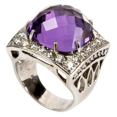 Retro Amethyst and Diamond Gold Statement Ring Estate Fine Jewelry