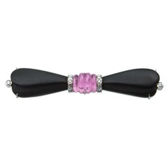 Black Onyx, Pink Tourmaline and Diamond Gold Bow Pin Estate Fine Jewelry