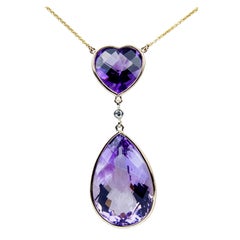 Vintage Heart and Teardrop Amethyst Diamond Gold Pendant Necklace Estate Fine Jewelry