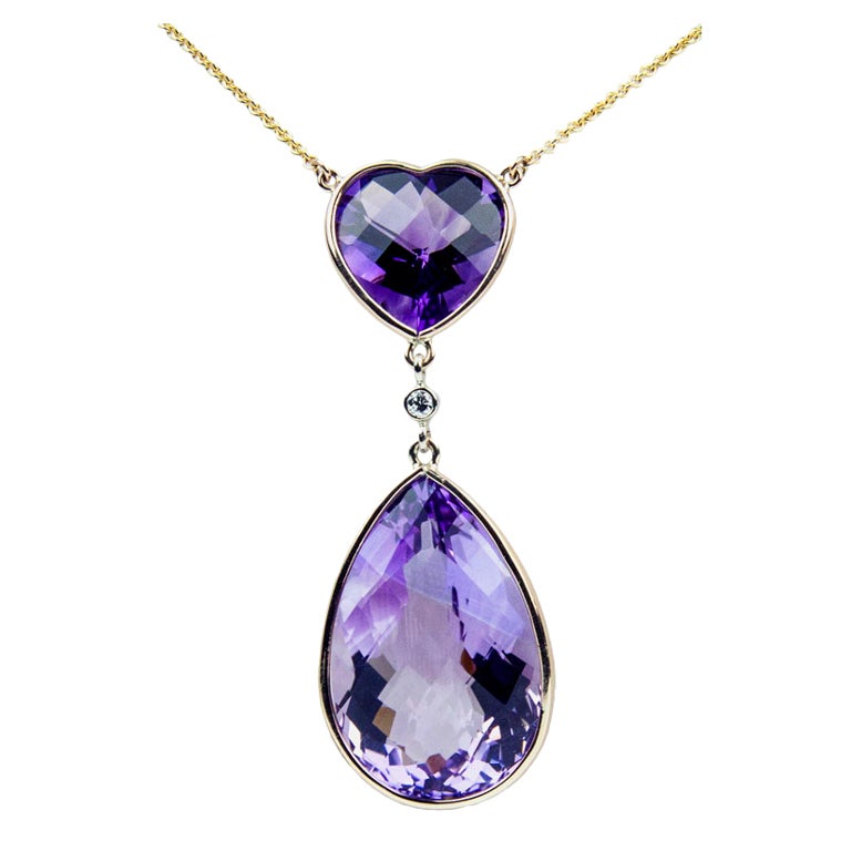 Heart and Teardrop Amethyst Diamond Gold Pendant Necklace Estate Fine Jewelry For Sale