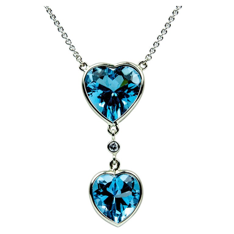 Blue Topaz Double Heart Gold Vintage Pendant Necklace Estate Fine Jewelry For Sale