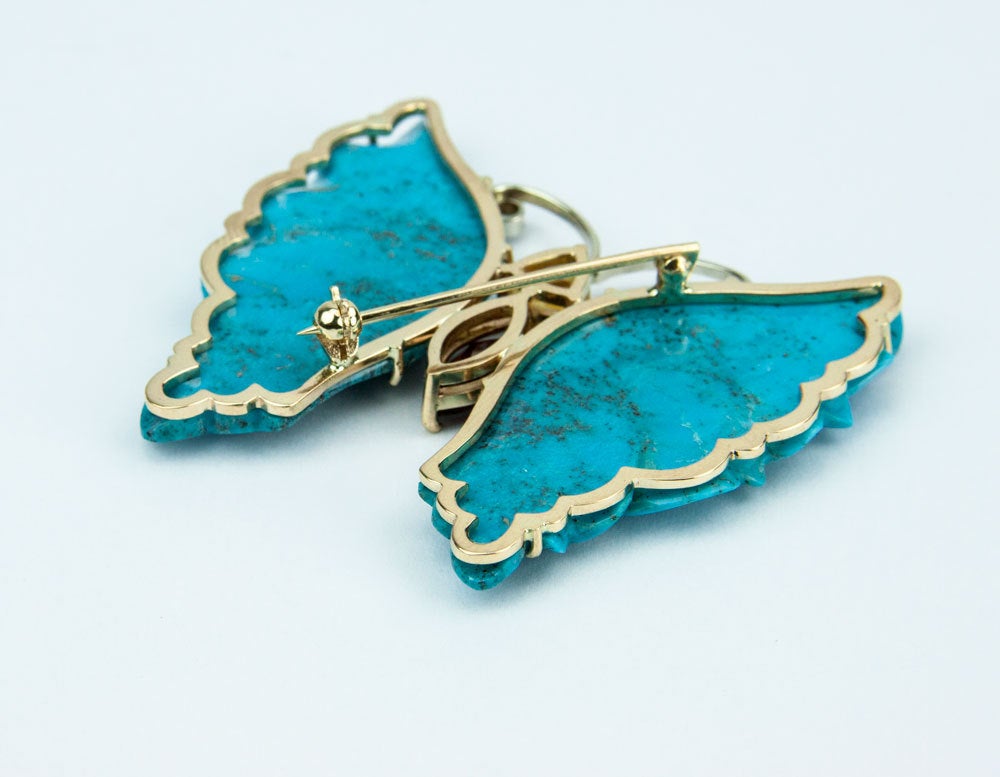 Contemporary Turquoise Butterfly and Gold  Statement Brooch Pin Pendant Fine Estate Jewelry For Sale