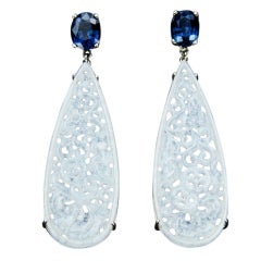 Icy Jade Finely Carved  Drop Gold Earrings with Blue Spinel Tops