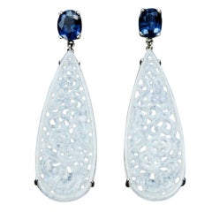 Icy Jade Finely Carved Drop Gold Earrings with Blue Spinel Tops