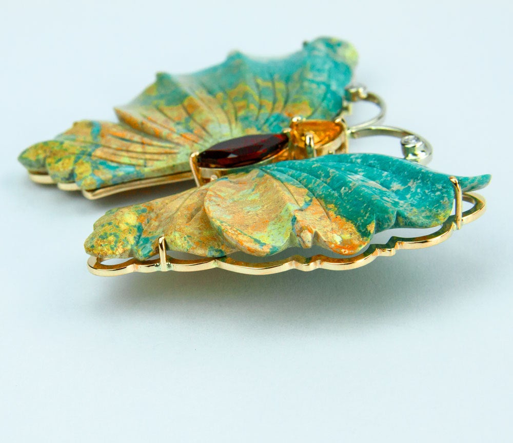 Contemporary Beautiful Turquoise Gold Butterfly Brooch Pin Pendant Fine Estate Jewelry For Sale