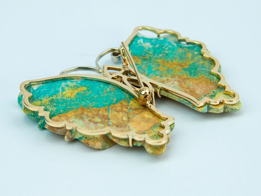 Beautiful Turquoise Gold Butterfly Brooch Pin Pendant Fine Estate