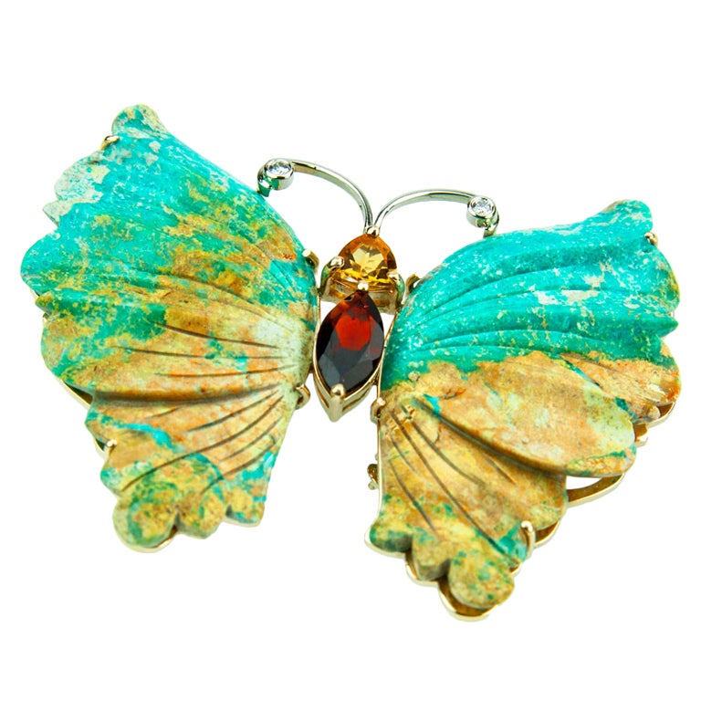 Beautiful Turquoise Gold Butterfly Brooch Pin Pendant Fine Estate Jewelry For Sale