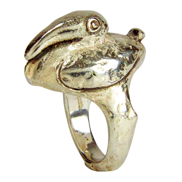 Walter Schluep Signed Pelican Figural Sterling Silver Pearl Ring