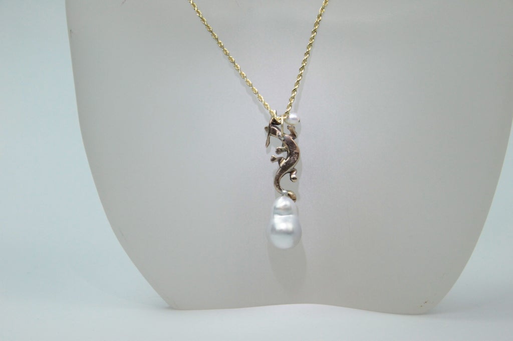 Antique Diamond Lizard and South Sea Pearl Pendant