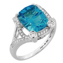 Cushion Cut Swiss Blue Topaz Diamond Gold Ring 9