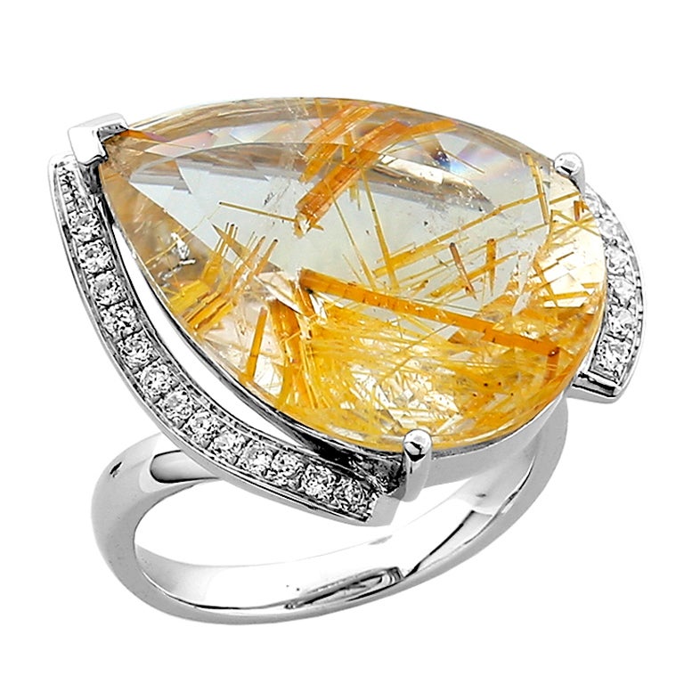 Teardrop Rutilated Quartz Diamond Gold Ring