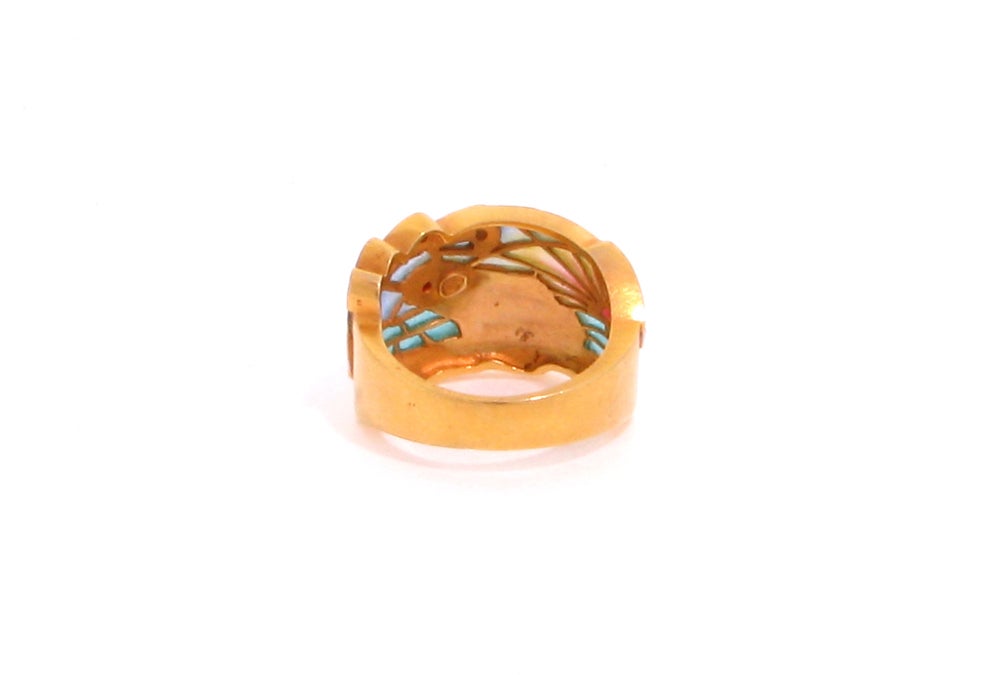 Whimsical  Plique-Ã -Jour Enamel Gold Frog Ring In New Condition In Montreal, QC