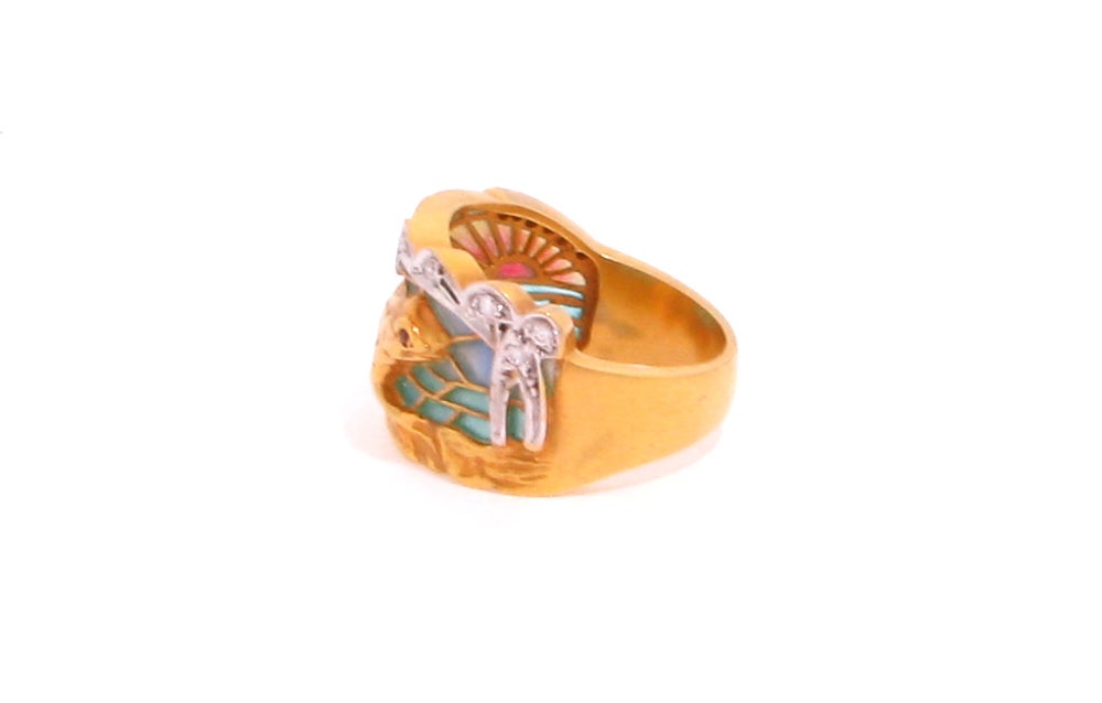 Women's or Men's Whimsical  Plique-Ã -Jour Enamel Gold Frog Ring