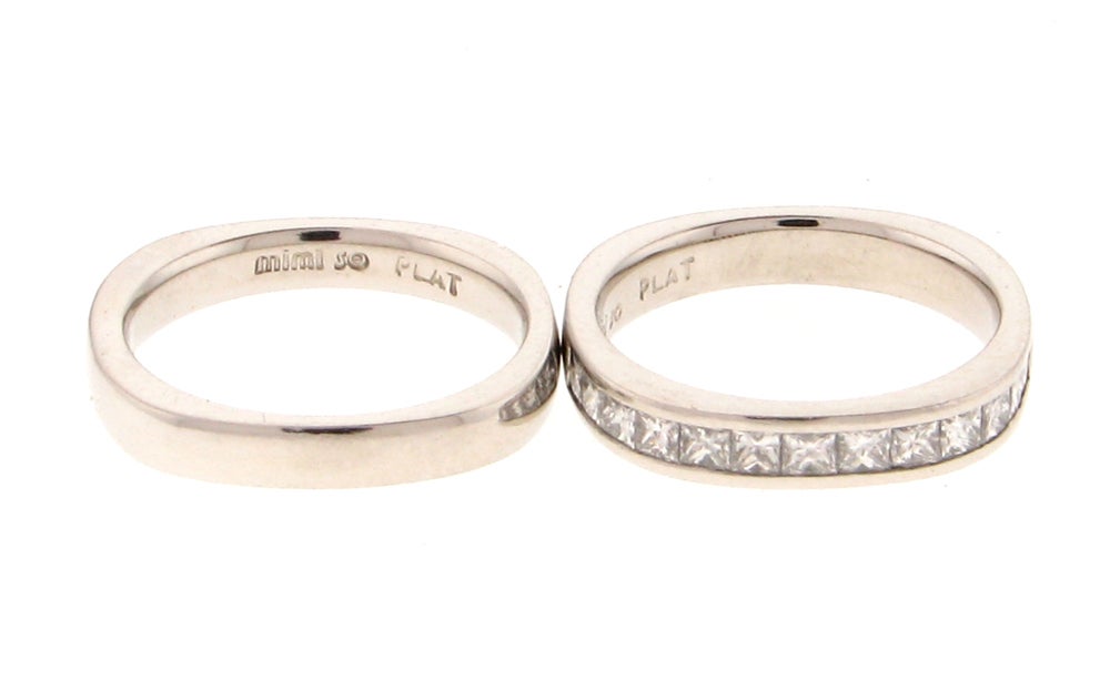 Traditional and Everlasting Mimi So Platinum Bands; one half-eternity with Diamonds and one plain Band. Both signed MIMI SO.Thirteen brilliant-cut Diamonds; G, VS~ 1ct
Ring size 5.5 Approx gross weight-12.0gm 
For Now and Forever...Make your