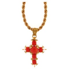 Superb Coral Cross in  Gold Mounting