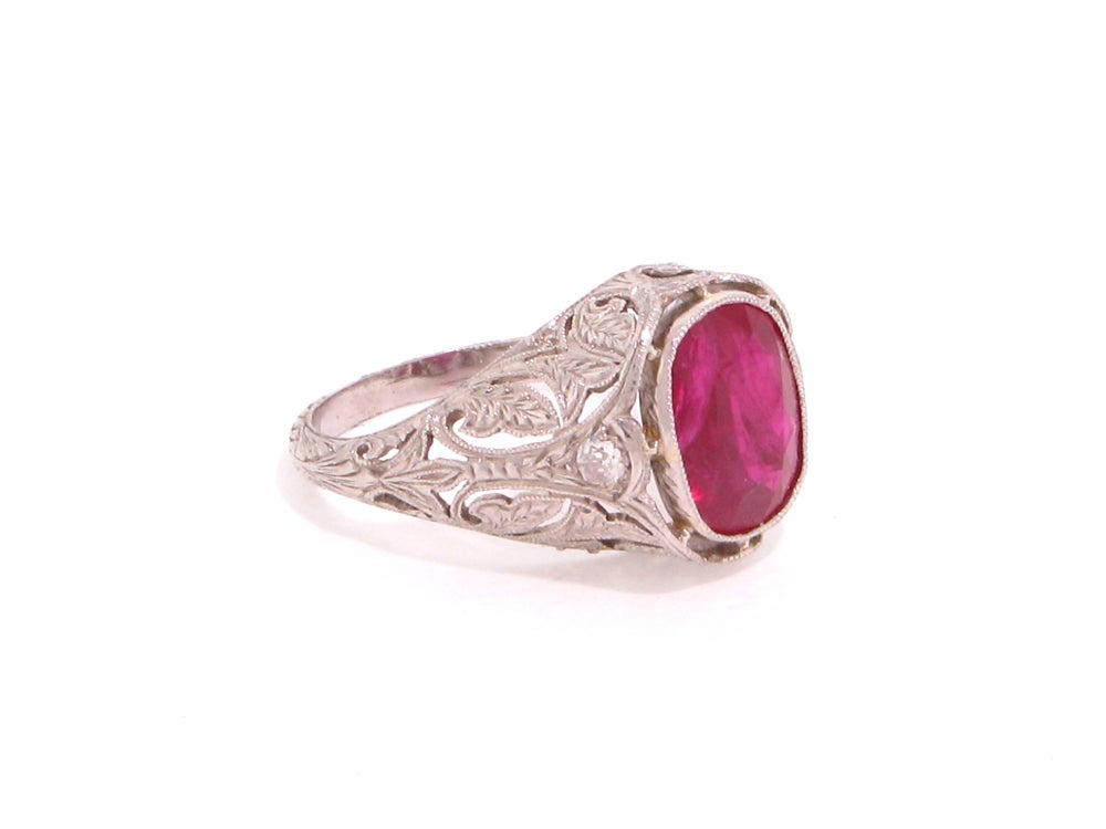 Superb Ruby and Diamond Chased Platinum Ring at 1stDibs