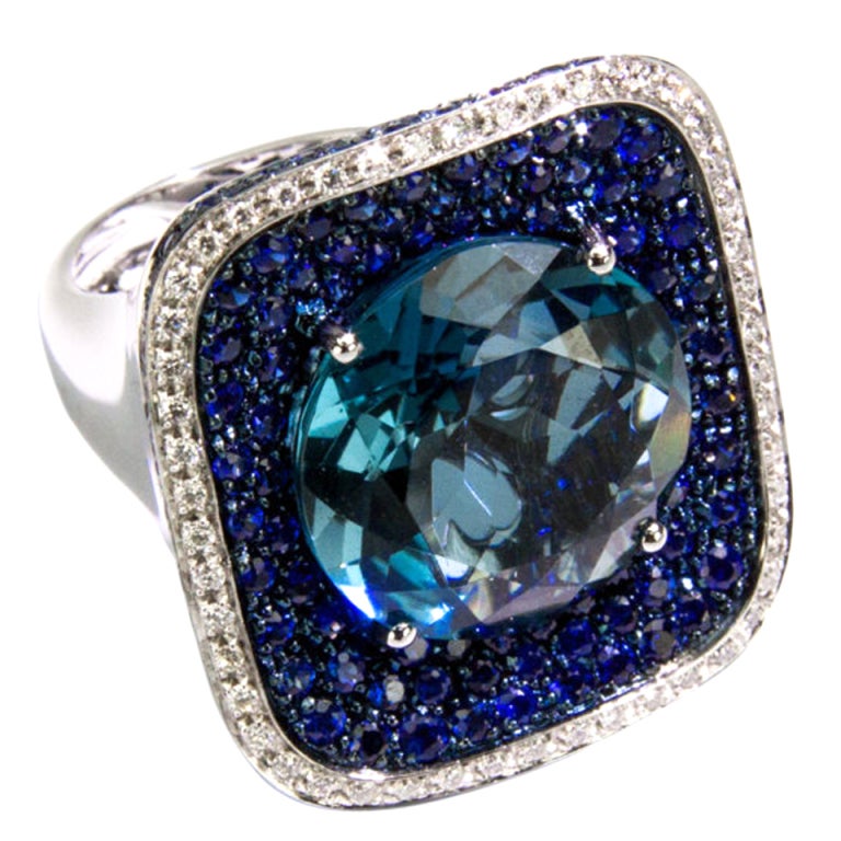 Sensational Blue Topaz Sapphire Diamond Gold Cluster Ring