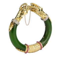 Vintage Birks of Canada Ram's Head Gold and Jade Bangle Bracelet