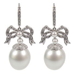 South Sea Pearl and Diamond Bow Gold Earrings