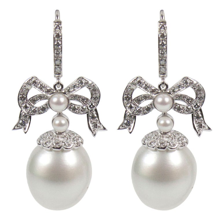 South Sea Pearl and Diamond Bow Gold Earrings