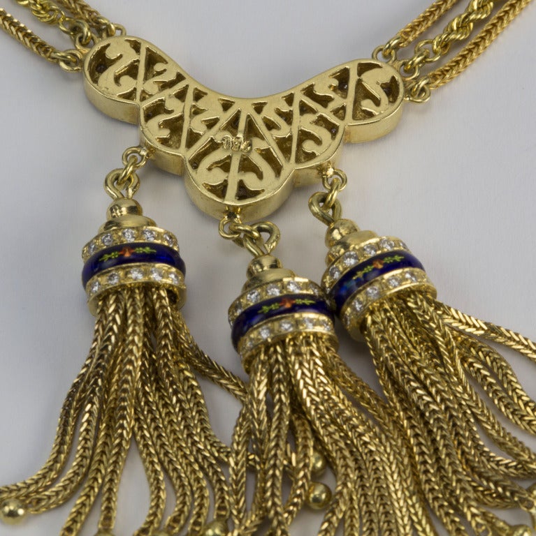 Enamel Diamond Gold Tassel Necklace In Excellent Condition In Montreal, QC