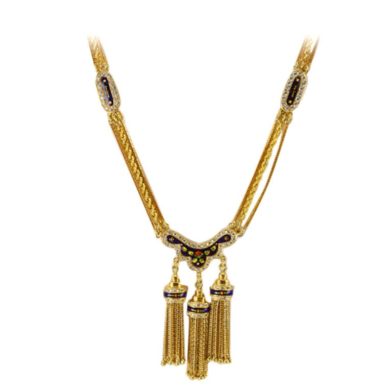 Enamel Diamond Gold Tassel Necklace