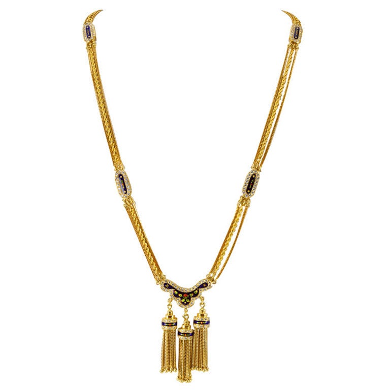 Outstanding Triple Tassel Diamond Enamel 18k Yellow Gold Necklace; chains inter-spaced with diamond and enamel floral panels, design repeated in drop and tassel. Marked on all panels: 750 (European standard for 18k) A Timeless and Classic piece