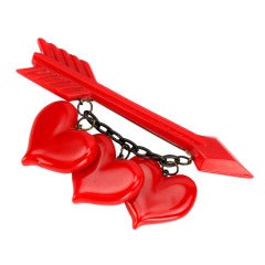 Vintage Red Bakelite Arrow Hearts Brooch Pin