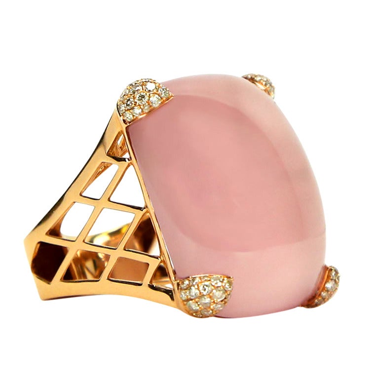 65 Carat Rose Quartz Diamond Gold Statement Cocktail Ring Estate Fine Jewelry For Sale