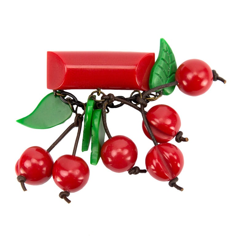 Art Deco Celluloid Galalith Red Cherry Brooch Pin