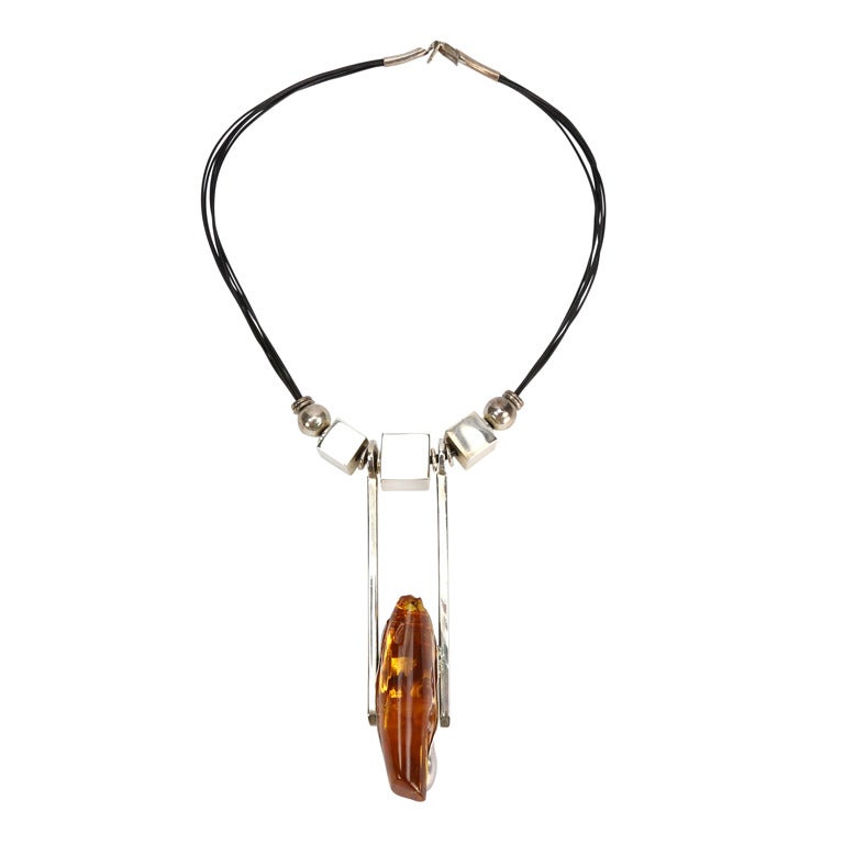 Awesome Free-Form Amber Sterling Silver Modernist Heirloom Necklace