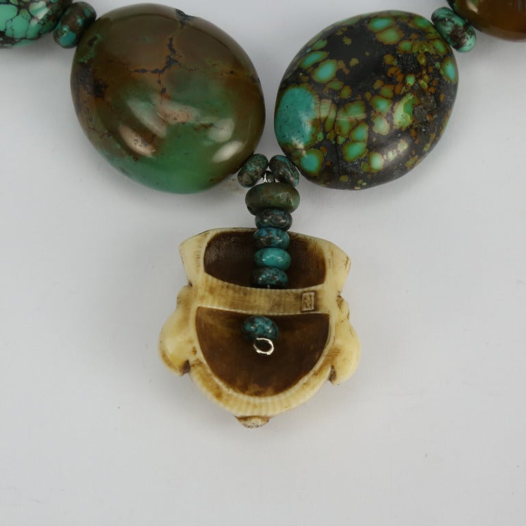 Genuine Turquoise and Netsuke Necklace In Excellent Condition In Montreal, QC