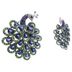 Awesome Diamond Sapphire Tsavorite Peacock Gold Earrings