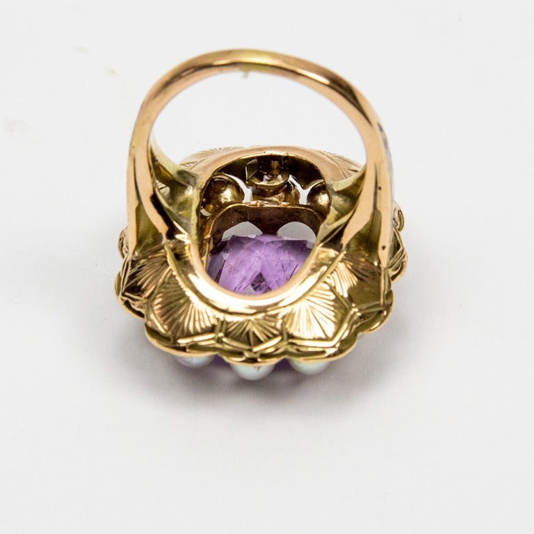 Edwardian Cushion-Cut Tourmaline Pearl Enamel Gold Ring In Excellent Condition In Montreal, QC