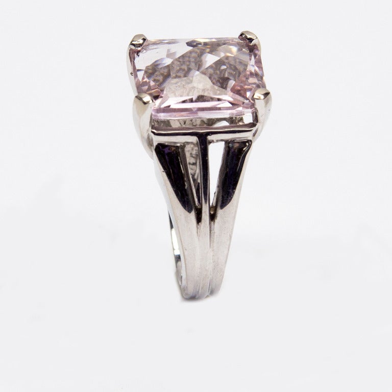 Beautiful Classic Dress Ring, centering a large 11ct square facet-cut Bluish-purple Kunzite in unique handmade 18k white gold mounting.  Ring size: 7. Step out in Style and Grace!

