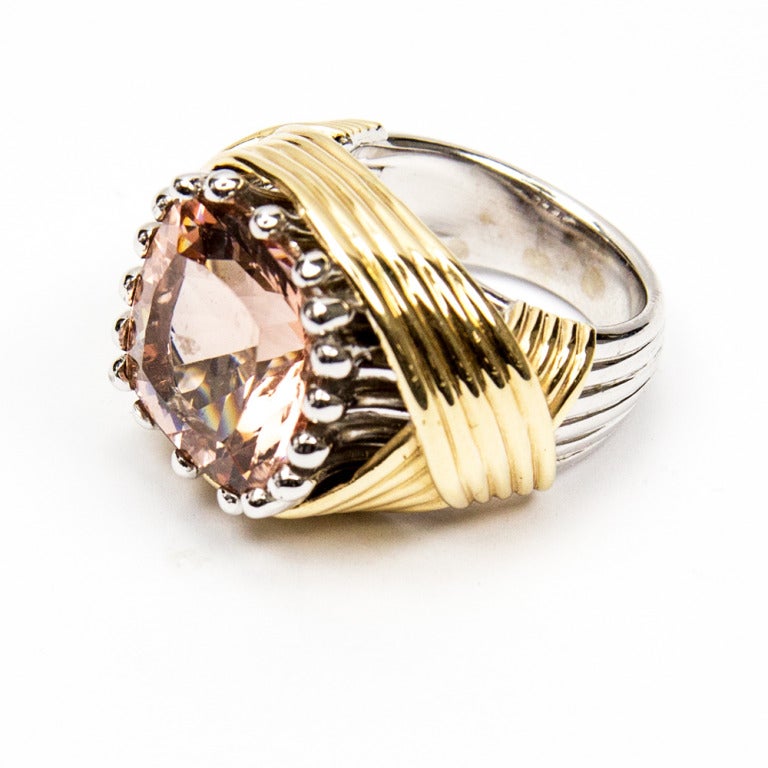 Simply Beautiful! Solitaire Runway Ring featuring a 10.65 ct square cushion-cut Pink Beryl Morganite, in wrap around design mounting. Hand crafted in 14K Yellow and White gold mounting.  Ring size 6.5, we offer ring re-sizing. More Beautiful in real