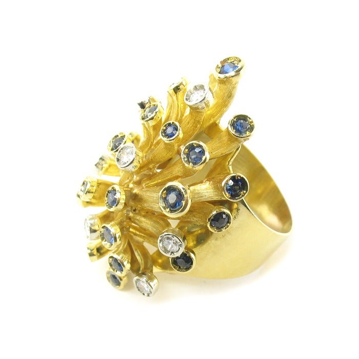Retro Sapphire and Diamond Stylized Hedgehog Gold Ring