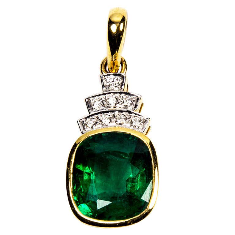 Cushion-cut Emerald and Diamond Pendant at 1stDibs