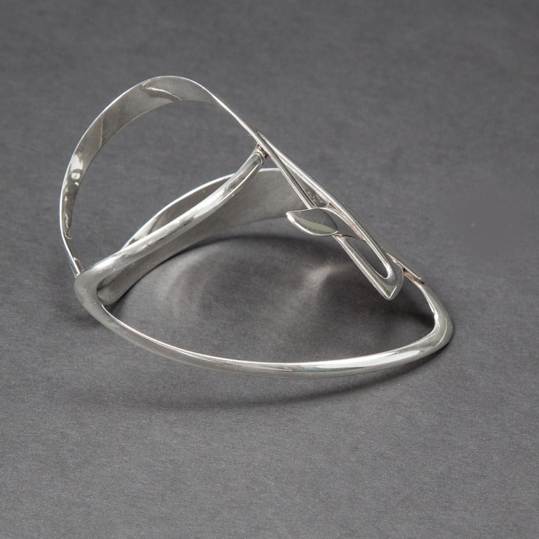 A Fabulous and Rare Modernist Large Open Free Form Cuff Bracelet; handmade in Sterling Silver; handsomely designed and so comfortable to wear! Signed with Erika’s mark; RIC for Erika Hult de Corral and 925 TAXCO SA HECHO EN MEXICO Eagle 3; This