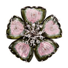 Vintage Tourmaline Diamond Flower Gold Brooch Pin
