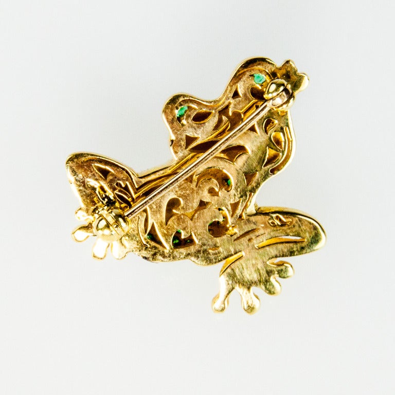 Adorable Frog Brooch Pin, eyes and belly set with Tsavorite Garnets hand made 18k Yellow Gold mounting. Add pizazz and Style, naturally to any outfit!