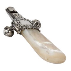 Antique Baby Rattle Whistle Sterling Silver with Mother of Pearl Teether
