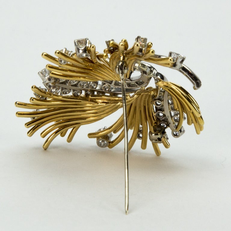 Brilliant Cut Vintage Mid Century Modern Red Carpet Diamond Gold Floral Sprig Brooch Pin For Sale