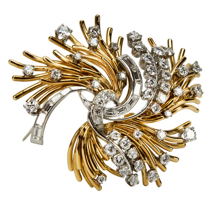Modernist Diamond Gold Floral Sprig Brooch Pin Circa 1950s Estate Fine ...