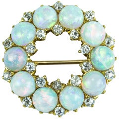 Antique Edwardian Opal Diamond Gold Circle Brooch Pin
