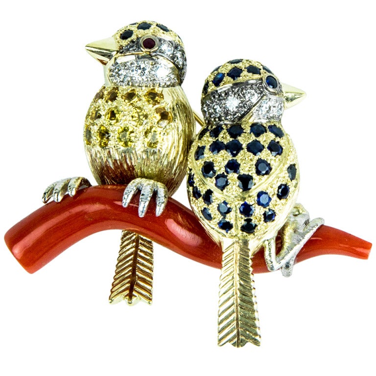 Beautiful Sapphire Diamond Gold Birds Perched on a Coral Branch Brooch Pin