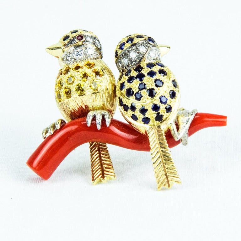 Contemporary Beautiful Sapphire Diamond Gold Birds Perched on a Coral Branch Brooch Pin