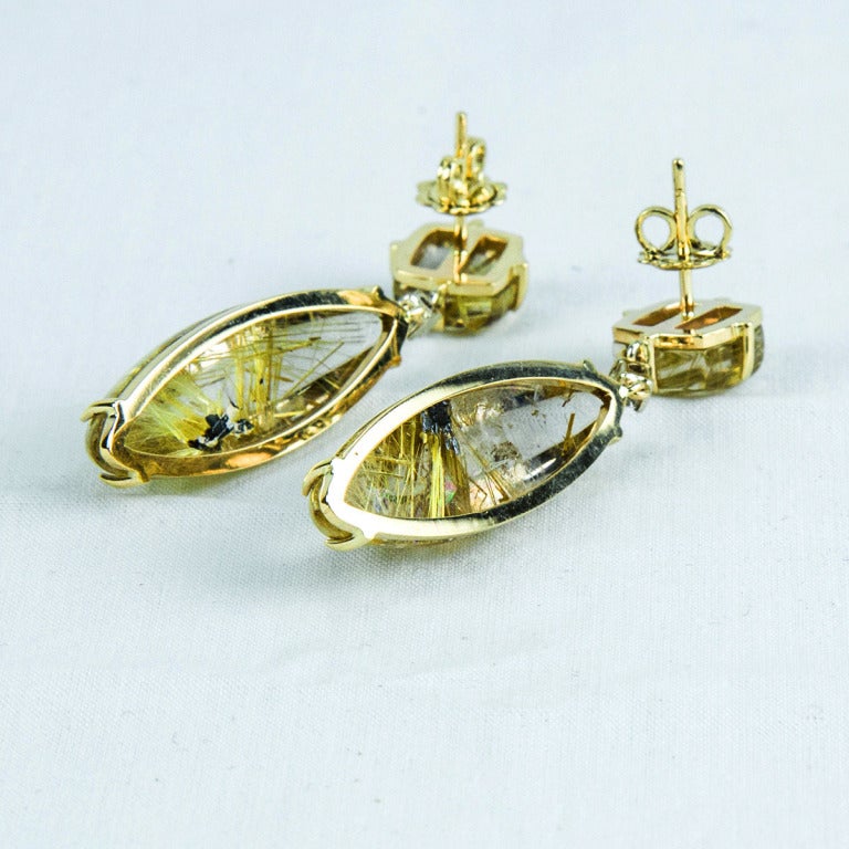 Contemporary Awesome Rutilated Quartz Diamond Gold Heirloom Quality Drop Earrings For Sale