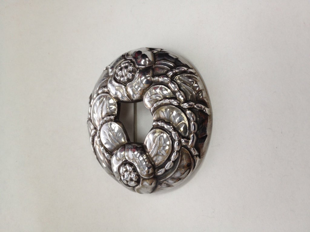 Beautiful Georg Jensen Sterling Silver Statement Brooch, designed as a Floral Wreath; approx. size: 2 inch diameter. Marked on back with the GJ in a square mark, Georg Jensen (used between 1933 and 1944) 42, with Georg Jensen Mark, STERLING 925