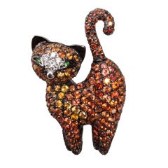 Orange Sapphire Diamond Gold Kitten Pin Brooch